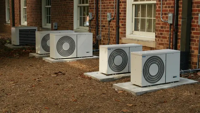 Outdoor air conditioner units beside a brick house