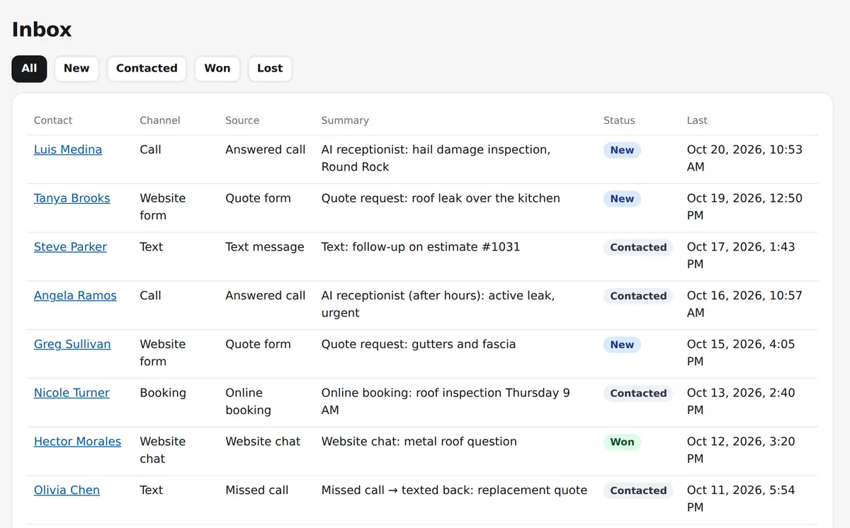 Inbox: every quote request, call, chat, booking and text in one list, marked new, contacted, won or lost