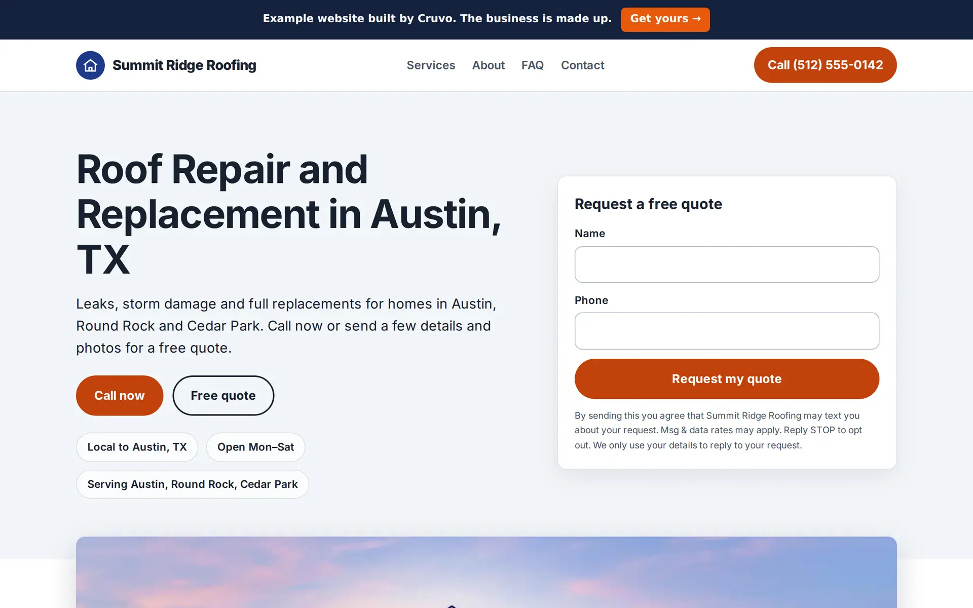 Example client website on a laptop: Summit Ridge Roofing, with call and free-quote buttons and a quote form on the first screen