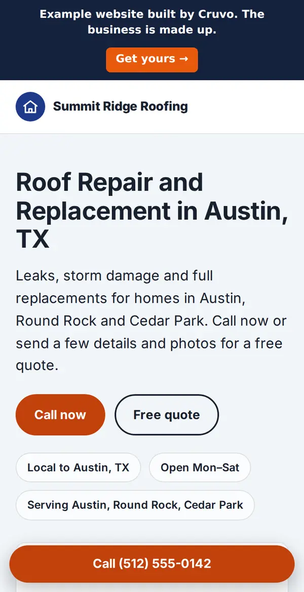 The same example website on a phone, with a call button always at the bottom